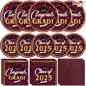 imageJOYIN 2025 Graduation Party Plates and Napkins Orange Tableware Set Supplies 200 PCS Graduation Disposable Paper Plates Cocktail Napkins for Congrats Grad Party Decorations Celebration Serve 50Maroon  Gold