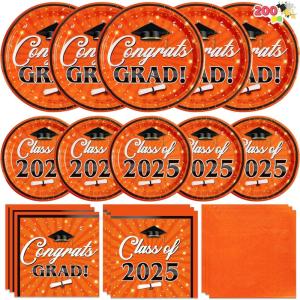 imageJOYIN 2025 Graduation Party Plates and Napkins Orange Tableware Set Supplies 200 PCS Graduation Disposable Paper Plates Cocktail Napkins for Congrats Grad Party Decorations Celebration Serve 50Orange