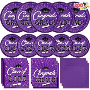 imageJOYIN 2025 Graduation Party Plates and Napkins Orange Tableware Set Supplies 200 PCS Graduation Disposable Paper Plates Cocktail Napkins for Congrats Grad Party Decorations Celebration Serve 50Purple