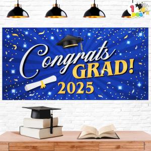 imageJOYIN 2025 Graduation Plastic Backdrop Blue 65quot Class of 2025 Congrats Grad Banner with Double Sided Adhesive Dot Graduation Party Indoor Outdoor Decoration Photoshoot Props SuppliesBlue