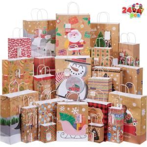 imageJOYIN 24 PCS Christmas Kraft Bag Assorted Sizes Xmas Gift Paper Bags with Handle and Tags for Wrapping Xmas Holiday Presents Classroom Party Favors 6 Jumbo6 Large6 Medium6 Small