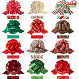 imageJOYIN 24 PCS Christmas Wrap Ribbon Pull Bows 5quot Wide Easy and Fast Gift Wrapping Accessory for presents Bows Baskets Wine Bottles Decoration Xmas Gift Wrapping and Decoration PresentRedGreen