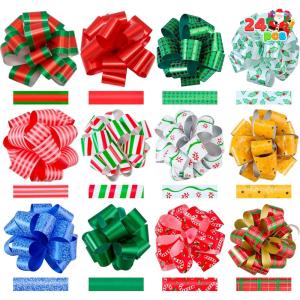 imageJOYIN 24 PCS Christmas Wrap Ribbon Pull Bows 5quot Wide Easy and Fast Gift Wrapping Accessory for presents Bows Baskets Wine Bottles Decoration Xmas Gift Wrapping and Decoration PresentColorful