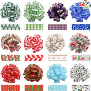 imageJOYIN 24 PCS Christmas Wrap Ribbon Pull Bows 5quot Wide Easy and Fast Gift Wrapping Accessory for presents Bows Baskets Wine Bottles Decoration Xmas Gift Wrapping and Decoration PresentClassic