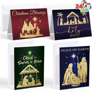 imageJOYIN 24 PCS Religious Christmas Greeting Cards with Envelopes 4 Designs Boxed Set for Winter Xmas Holiday Merry Christmas Season Cards Present Giving Wintertime Gifts Notes