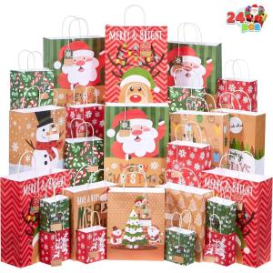 imageJOYIN 24 Packs Christmas White Kraft Gift Bag 4 Sizes Goodie Paper Bags with Handles and Gift Tags for Holiday Party Supplies Wrapping Xmas Presents 6 Jumbo6 Large6 Medium6 Small