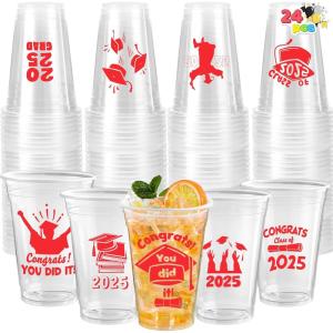 imageJOYIN 24 Pcs 16OZ Graduation Party Plastic Cups Red 24 Designs Disposable Cups for Class of 2025 Graduates Tableware Bulk for High School College Graduation School Grad Party Supply DecorRed