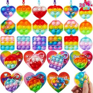 imageJOYIN 28 Packs Valentines Day Gift Cards with Pop Bubble Fidget Toys Heart Keychain Stress Relief Fidget Toy for Kids Adult Party Favors School Classmate Valentines GiftsGraphic Toys