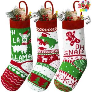 imageJOYIN 3 Pack 18 Knit Christmas Stockings ReindeerChristmas TreeSnow Flakes Knitted Stocking Decorations for Holiday Tree Decorgreen basic