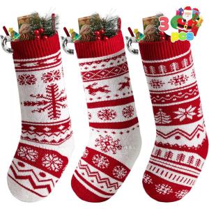 imageJOYIN 3 Pack 18 Knit Christmas Stockings ReindeerChristmas TreeSnow Flakes Knitted Stocking Decorations for Holiday Tree Decorred basic
