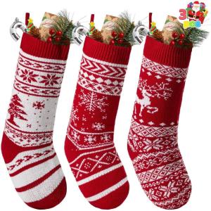imageJOYIN 3 Pack 18 Knit Christmas Stockings ReindeerChristmas TreeSnow Flakes Knitted Stocking Decorations for Holiday Tree Decorred classic