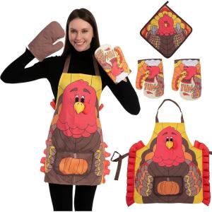 imageJOYIN 3 Pcs Thanksgiving Kitchen Linens Set with Apron Oven Mitts and Pot Holder in Turkey Design Thanksgiving Kitchen Accessories