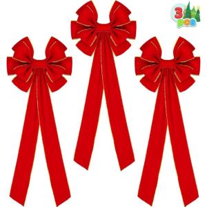 imageJOYIN 3PCS Big Red Velvet Christmas Bows 307quot Long by 106quot Wide Giant Velvet Decor for Christmas Tree Large Wreath Bows Indoor Outdoor Holiday Xmas Decorations