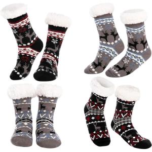 imageJOYIN 4 PCS Christmas Fuzzy Slipper Socks Soft Crew Socks Deer Patterns for Winter Christmas Holiday or Birthday Gift