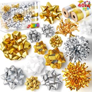 imageJOYIN 40 PCS Christmas Present Bows Assortment with 34 MultiColored Assorted Size Self Adhesive Gift Bows 2 Curly 2 Tinsel and 2 Rolls of Curling Ribbons for Present WrappingSliver  Gold  White