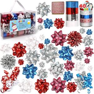 imageJOYIN 40 PCS Christmas Present Bows Assortment with 34 MultiColored Assorted Size Self Adhesive Gift Bows 2 Curly 2 Tinsel and 2 Rolls of Curling Ribbons for Present WrappingRed  Blue  Silver