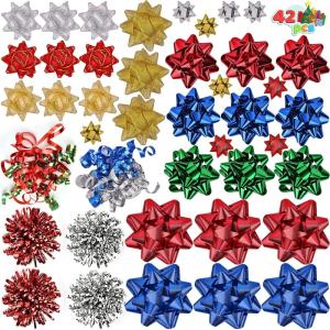 imageJOYIN 42 Pcs Christmas Assorted Gift Bows with 36 MultiColored Assorted Size Self Adhesive Bows 2 Curly and 4 Tinsel for Gift Wrapping Christmas Wrapping Ribbon 4 SizesGolden  Silver  Blue  Green  Red