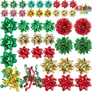 imageJOYIN 42 Pcs Gift Bows Assortment for Christmas with 36 MultiColored Assorted Size Self Adhesive Bows 4 Tinsel and 2 Curly for Gift Wrapping Christmas Wrapping Ribbon 3 SizesGreen red gold