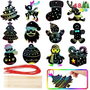 imageJOYIN 48 Pcs Christmas Scratch Art Ornaments Rainbow Color Scratch Paper in Front Side ampamp Coloring Card in Back Side Scratch Off Kids Party Favors Supplies Holiday DIY Art Craft Kit Activities Gifts