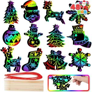 imageJOYIN 48 Pcs Christmas Scratch Art Ornaments Scratch Paper Craft Kit Include Snowman Snowflakes Christmas Tree and Reindeer Rainbow Color Scratch Off Hanging Ornament for Kids Party Favors