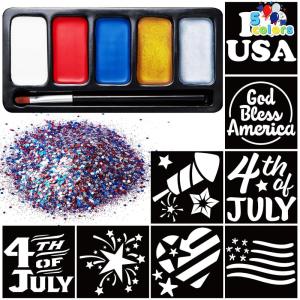 imageJOYIN 5 Colors Patriotic Face Body Paint Kit with Glitter and 16 Pcs Stencils Sticker for Kids 4th of July Face Paint Red White Blue Make Up for Independence Day Memorial Day Party Veterans Day