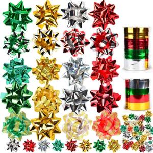 imageJOYIN 50 PCS Christmas Bows and Gift Ribbons with 48 MultiColored Assorted Size Self Adhesive Gift Bows and 2 Rolls of Curling Ribbons for Gift Present Wrapping DecorationGold  Green  Red  Silver
