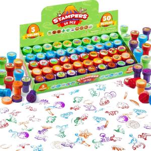 imageJOYIN 50 Pcs Animal Stamps for Kids with 50 Different Designs FarmSea AnimalsStamps for Crafting Prize Box Toys for Classroom Kids Party Favor Goodie Bag Halloween ChristmasDinosaur