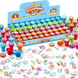 imageJOYIN 50 Pcs Animal Stamps for Kids with 50 Different Designs FarmSea AnimalsStamps for Crafting Prize Box Toys for Classroom Kids Party Favor Goodie Bag Halloween ChristmasAnimal