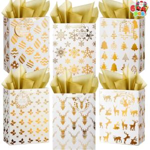 imageJOYIN 6 PCS Christmas Foil Gold Present Bags with Tissue Papers 8quot x45quot x105quot Xmas Holiday Paper Bags 6 Winter Prints Designs for Gifts Party Supplies Decor Xmas Goody Treat Candy Wrapping