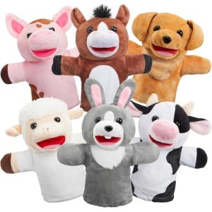 imageJOYIN 6Pcs Kids Hand Puppet Set with Working Mouth Toddler Animal Plush Toy Includes Elephant Giraffe Lion Bear Raccoon and Monkey for Show Theater Christmas Birthday Gifts for Kid Age 3Upgrade Farm Friends