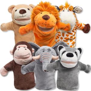 imageJOYIN 6Pcs Kids Hand Puppet Set with Working Mouth Toddler Animal Plush Toy Includes Elephant Giraffe Lion Bear Raccoon and Monkey for Show Theater Christmas Birthday Gifts for Kid Age 3Animal Friends