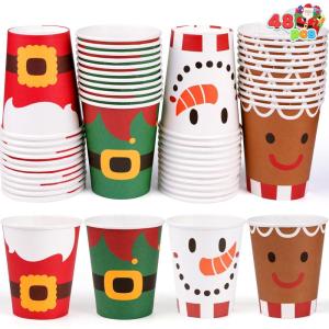 imageJOYIN Christmas 48 Pcs Paper Cup with Holiday Design 9 oz Xmas Disposable Dinnerware Cups Party Supplies for Hot and Cold BeveragesBright