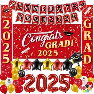 imageJOYIN Graduation Party Decorations Class of 2025 Red Grad Celebration Supplies Set with Backdrop Banner Porch Sign Balloons Foil Number 2025 Hanging Strip for High School College Grad PartyRed  Gold