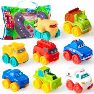 imageJOYIN Rubber Toy Cars for Toddlers 13 Year Old 8 PCS Cartoon Baby Truck Cars Bath Toy with Storage Bag  1 2 Year Old Boy Toys Birthday Gift Pinata Bags Filler Carnival Prizes Small