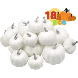 imageJOYIN Thanksgiving Artificial White Pumpkins 18 PCS Fake Home Decoration Assorted Sizes for Fall Harvest Decor Thanksgiving or Halloween Decoration Festival Garden