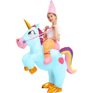 imageSpooktacular Creations Kids Inflatable Halloween Costume Riding a Unicorn Colorful Air Blowup Set with Hat Hallowen PartyBlue