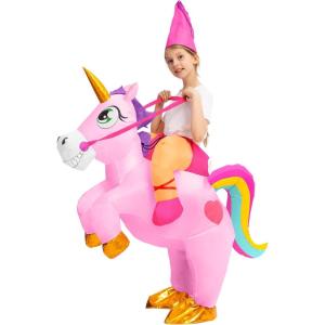imageSpooktacular Creations Kids Inflatable Halloween Costume Riding a Unicorn Colorful Air Blowup Set with Hat Hallowen PartyPink
