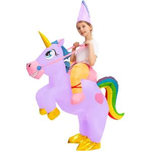 imageSpooktacular Creations Kids Inflatable Halloween Costume Riding a Unicorn Colorful Air Blowup Set with Hat Hallowen PartyPurple