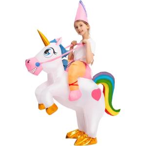 imageSpooktacular Creations Kids Inflatable Halloween Costume Riding a Unicorn Colorful Air Blowup Set with Hat Hallowen PartyWhite