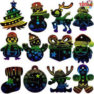 imageJOYIN 120 Pcs Christmas Scratch Art Ornaments Rainbow Color Scratch Paper Craft Kit Christmas Hanging Ornament Scratch Off DIY Arts ampamp Crafts Kit for Kids Holiday Crafts Party Favor