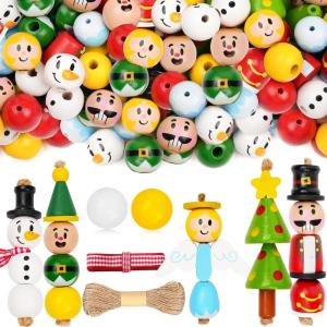 imageJOYIN 202 Pcs Christmas Wooden Beads Craft Kit DIY Wood Bead Printed Ornaments Make Snowman Santa Claus Angel Nutcracker Tree for Christmas Hanging Decoration Holiday Xmas Art Activities for Kids