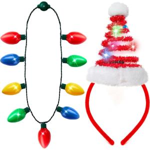 imageJOYIN 2PCS Christmas LED Necklace and Reindeer Headband Light Up Necklace with 9 Bulbs Christmas Headwear and Holiday Parties Xmas Costume Accessories Party FavorsElf