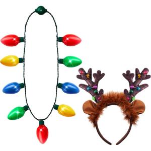 imageJOYIN 2PCS Christmas LED Necklace and Reindeer Headband Light Up Necklace with 9 Bulbs Christmas Headwear and Holiday Parties Xmas Costume Accessories Party FavorsReindeer