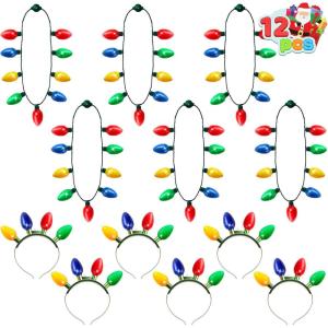 imageJOYIN 6 Pcs Christmas Light Up Headband and Necklace with 6 Flashing Modes LED Christmas Bulb Lights Necklace Headband for Kids Women Men Xmas Party Supplies Accessories