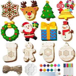 imageJOYIN 60 Pcs Christmas Wooden Hanging Ornaments Craft Kits Unfinished Blank Wood Ornaments to Paint for Kids Xmas Arts Crafts Bulk DIY Decorations Coloring Making Set School ActivitiesAge 860