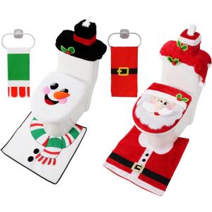 imageJOYIN 2 Set 5 Pieces Christmas Theme Bathroom Decoration Set wToilet Seat Cover Rugs Tank Cover Toilet Paper Box Cover and Santa Towel for Xmas Indoor Dcor Party Favors Santa ampamp Snowman