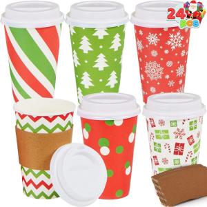 imageJOYIN 24 PCS Merry Christmas Disposable Paper Cups with Sleeves and Lids 6 Designs Xmas Drinkware 16 oz Snowflake Santa Elk Cups for Hot Coffee Cold Beverage Holiday Tableware Supplies FavorsSanta