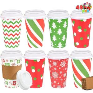 imageJOYIN 48 Pcs 16 oz Christmas Disposable Cups with Sleeves and Lids 6 Designs Xmas Drinking Paper Cup For Hot Chocolate Coffee Cold Beverage Holiday Tableware Winter Party Supplies FavorsVintage