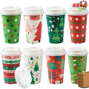 imageJOYIN 48 Pcs 16 oz Christmas Disposable Cups with Sleeves and Lids 6 Designs Xmas Drinking Paper Cup For Hot Chocolate Coffee Cold Beverage Holiday Tableware Winter Party Supplies FavorsClassical
