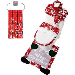 imageJOYIN 5 Pieces Christmas Theme Bathroom Decoration Set wToilet Seat Cover Rugs Tank Cover Toilet Paper Box Cover and Santa Towel for Xmas Indoor Dcor Party Favors ReindeerGnome